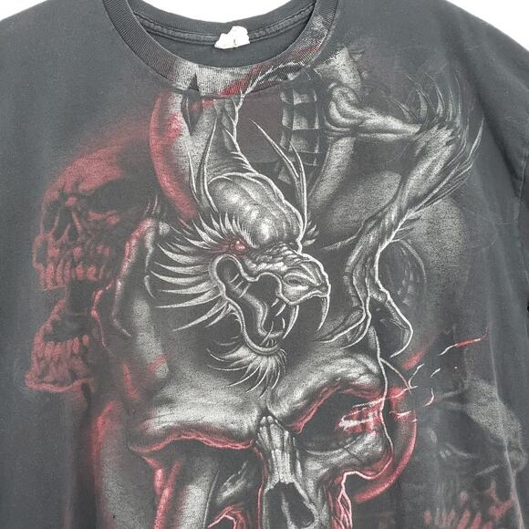 Vintage Gildan Skull Dragon T-Shirt Mens Large Black Grunge Distressed Goth - Picture 13 of 16